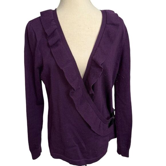 Fenn Wright Manson 100% Italian Merino Wool Solid Purple front tie Blouse size L - Picture 9 of 9